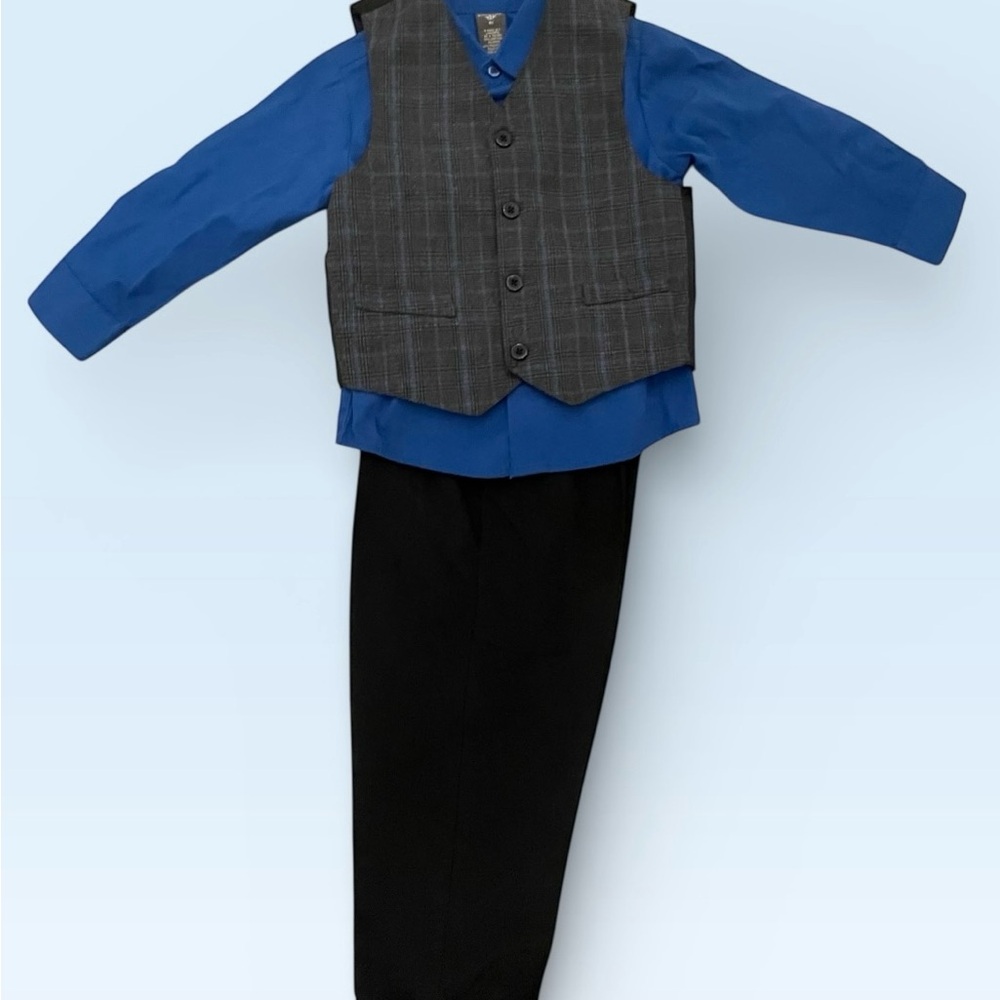 Gray Plaid Vest with Blue Shirt and Black Pants Set